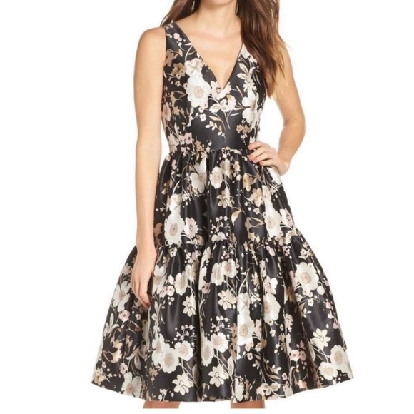 Eliza J Dresses & Skirts - ELIZA J Floral Jacquard Fit Flare Sleeveless Black White Dress 8
